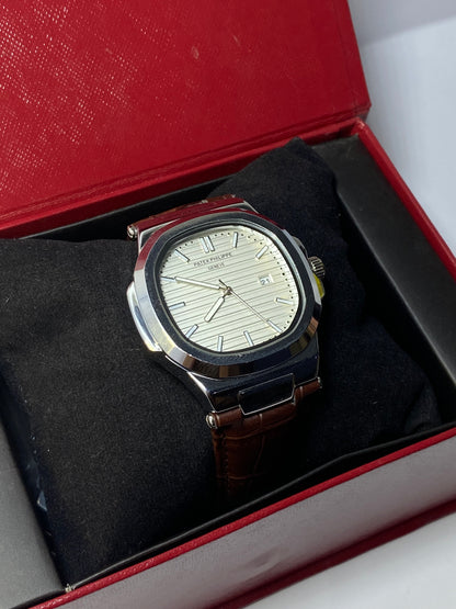 Elegant Men's Classic Watch | Warm Brown Leather Strap & Silver Textured Dial