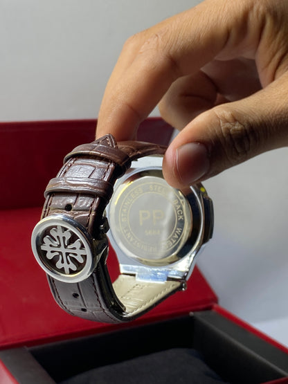 Elegant Men's Classic Watch | Warm Brown Leather Strap & Silver Textured Dial