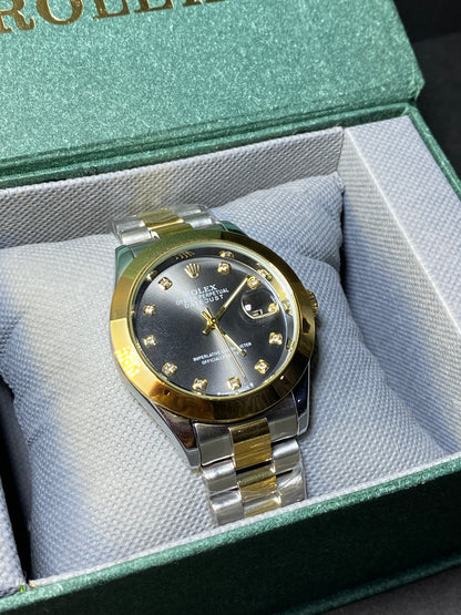 Prestige Classic Two-Tone Automatic Watch – Black Dial with Crystal Hour Markers