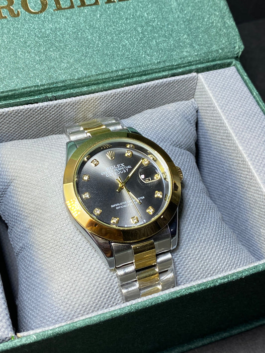 Prestige Classic Two-Tone Automatic Watch – Black Dial with Crystal Hour Markers